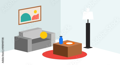 Modern minimalist living room interior with abstract art and simple furniture.