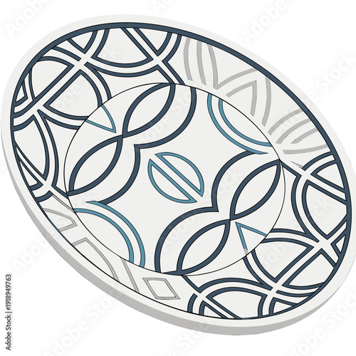 Oval plate with a geometric blue and grey pattern on a white background, modern decorative tableware design