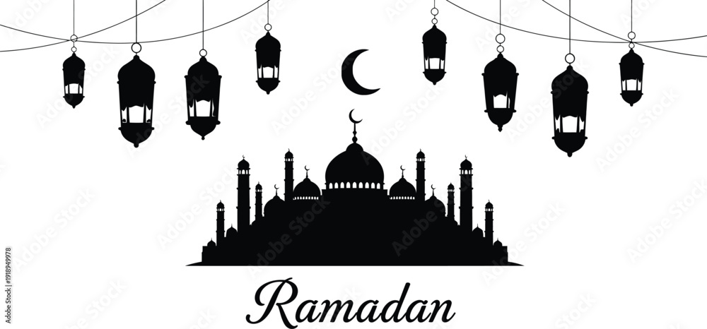Naklejka premium Ramadan greeting with mosque silhouette and lanterns