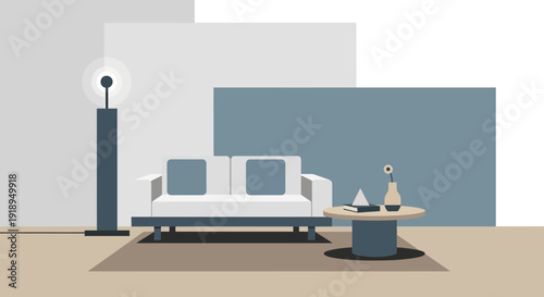 Modern minimalist living room interior design with white sofa and blue accents.