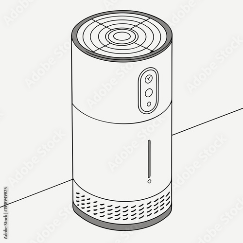 Cylindrical air purifier illustration with glowing indicator lights and water level, showcasing home air quality and modern appliances.