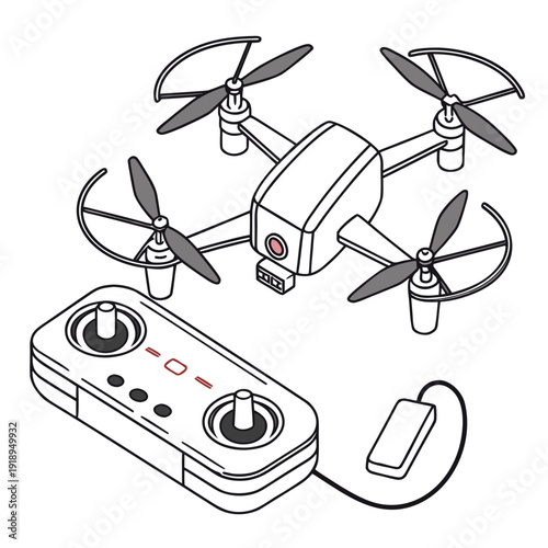 Simple line art of a compact drone and a wired remote controller, representing drone technology, aerial imaging, and remote operation.