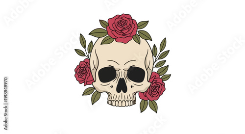 Illustration of a human skull surrounded by red roses and green leaves.