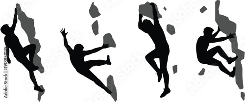 Silhouette rock climbers scaling bouldering wall with dynamic climbing poses, outdoor adventure sport concept, strength training, teamwork, extreme challenge, climbing movement illustration 