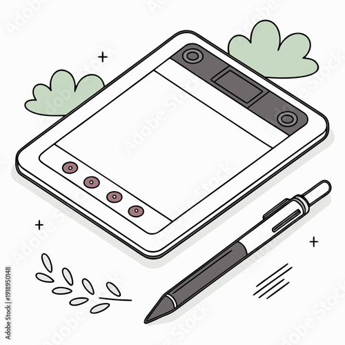 Isometric illustration of a graphic tablet and stylus pen, with decorative leaves and plus signs. A minimalist design concept for digital art, creativity, or technology.