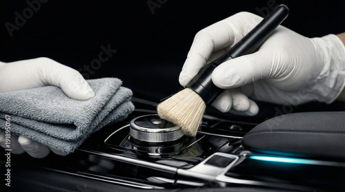 Detailer's gloved hands meticulously cleaning a luxury car's interior console with a soft brush and microfiber towel, ensuring a spotless finish for premium maintenance