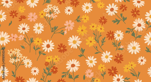 Vibrant floral pattern with daisies on orange background.