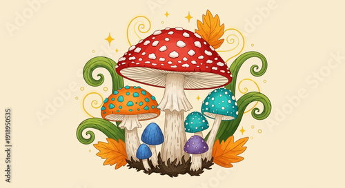 Vibrant Mushroom Illustration with Autumn Leaves and Swirling Patterns.