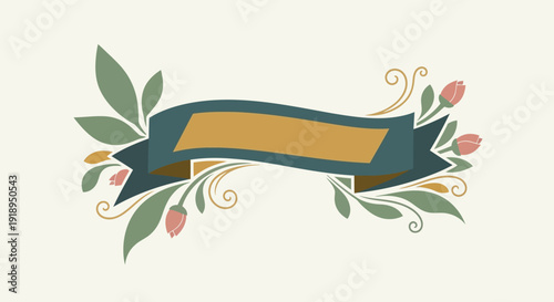 Decorative banner with floral elements and leaves.