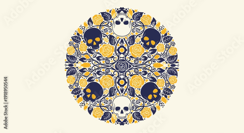 Vibrant circular mandala design with sugar skulls and floral patterns.