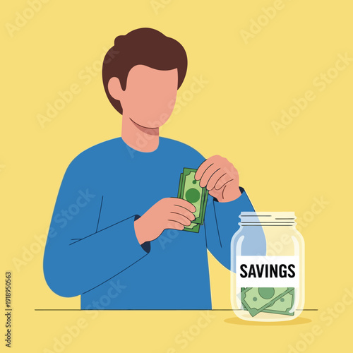 Man putting money into savings jar, illustrating financial planning success