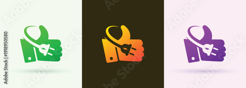    Thumbs up electric plug swoosh logo approval rating review technology service icon
