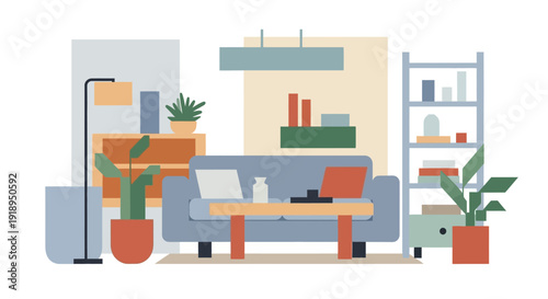 Modern living room interior with furniture and plants.