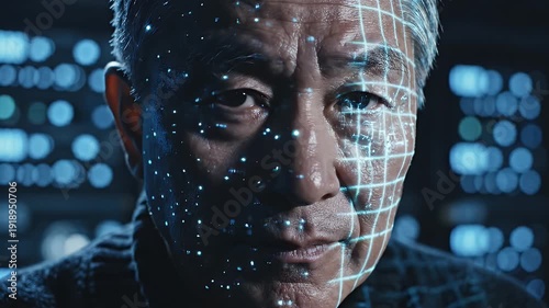 Digital Identity Face Scan - A close-up shot of a man's face with a bright blue grid pattern projected onto it. This symbolizes digital identity, technology, and advanced facial recognition systems.