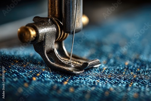 Close up macro of sewing machine needle stitching blue denim fabric