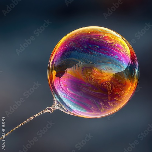 Vibrant iridescent soap bubble with swirling rainbow colors on a dark blurred background