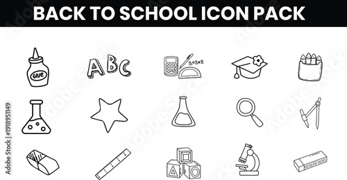 Back to School Icon Pack – Outline Linear Icons, Editable Stroke, Vector Illustration, Education Icons, School Supplies, Learning, Study, Modern Design