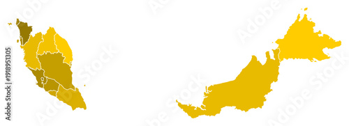 Malaysia Maps with Yellow Monochrome Color for District Borders Asian Country