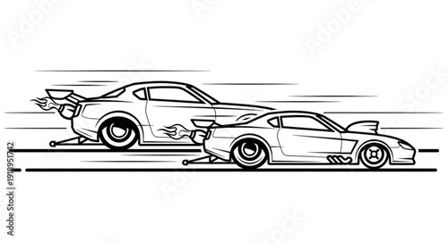 Racing Cars Speeding Down Track.