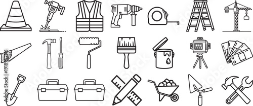 Professional Construction and DIY Hand Tools Icon Set: Minimalist Outline Vector Collection of Power Drills, Safety Vests, Measuring Tapes, and Renovation Equipment.