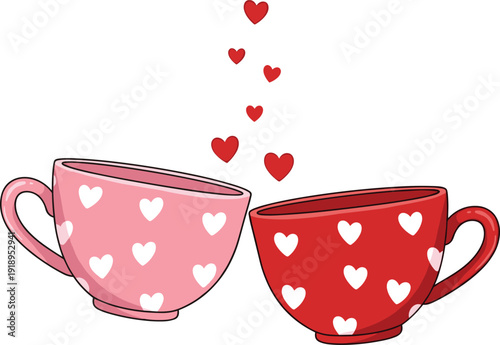 Two Cute Pink and Red Coffee Cups with White Heart Patterns and Floating Hearts for Valentine Day Greeting Cards Romantic Dates and Wedding Anniversary Illustrations