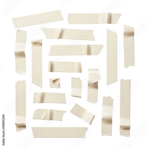 Assortment of torn beige adhesive tape strips on white background