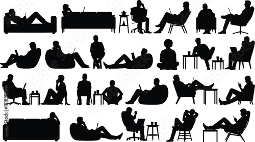 Digital lifestyle silhouette icon set, laptop, tablet, smartphone, casual seating, couch, bean bag, office chair, vector illustration