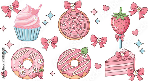 Set of Cute Pink Dessert Icons Including Glazed Donuts Strawberry Cupcake and Layer Cake with Ribbons for Bakery Branding Girly Birthday Party Invitations and Pastry Shop Decor