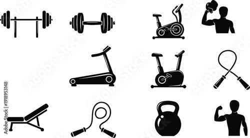 Gym and fitness equipment silhouette icon set, dumbbell, barbell, treadmill, exercise bike, kettlebell, workout vector illustration