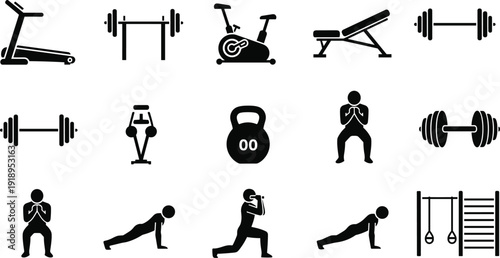 Gym equipment silhouette icon set, treadmill, barbell, exercise bike, kettlebell, squat, plank, lunges, workout vector illustration