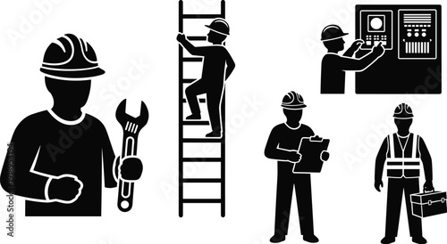 Industrial worker silhouette icon set, construction, maintenance, inspection, repair, safety helmet, toolbox, ladder, vector illustration