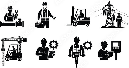Industrial worker icon set, construction professions, maintenance, heavy machinery, inspection, warehouse operations, engineering tasks, vector illustration