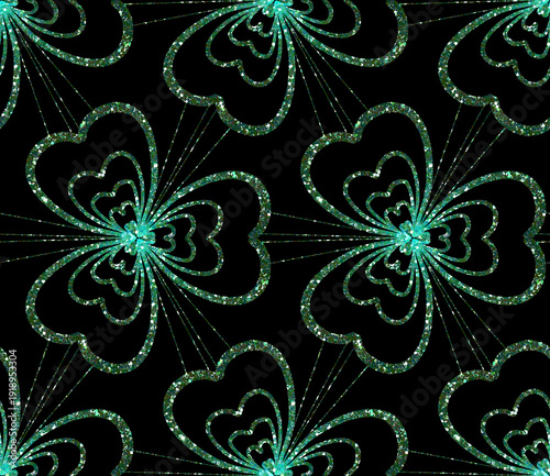 Seamless Pattern Abstract Green Glitter Shamrocks on Black