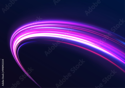 Futuristic city road glows under a dark sky. Laser light forms a single motion line with intense speed and energy direction. Neon traffic trail composition created in vector, sport race.