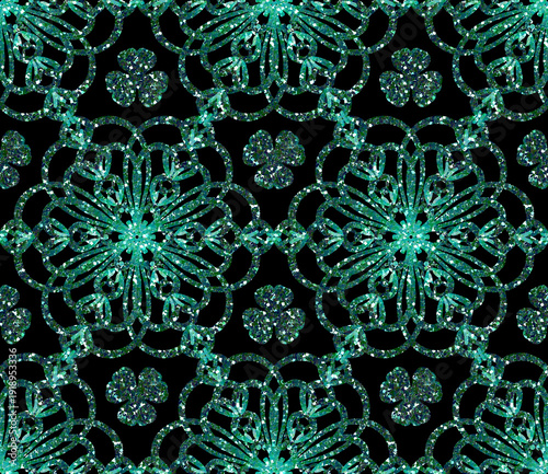Seamless Pattern Green Glitter Shamrock Mandala on Black
