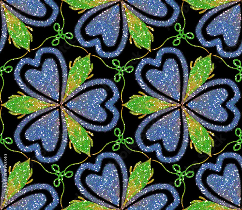 Seamless Pattern Blue and Green Glitter Shamrocks on Black