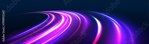 Futuristic city road glows under a dark sky. Laser light forms a single motion line with intense speed and energy direction. Neon traffic trail composition created in vector, sport race.