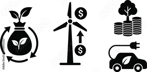 Sustainable finance icons for eco-friendly investment concepts