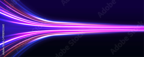 Neon laser line cuts across a black highway at night. Traffic wave follows the road with strong speed motion and energy flow. Futuristic light trail scene rendered in vector.