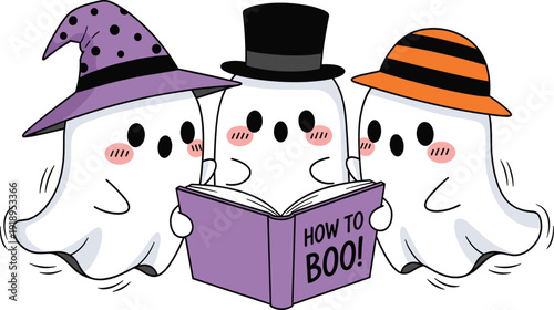 Three Cute Cartoon Halloween Ghosts Wearing Hats and Reading a How To Boo Book for Childrens Party Invitations, Autumn Seasonal Decor, and Spooky Nursery Art