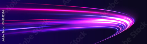 Futuristic city road glows under a dark sky. Laser light forms a single motion line with intense speed and energy direction. Neon traffic trail composition created in vector, sport race.