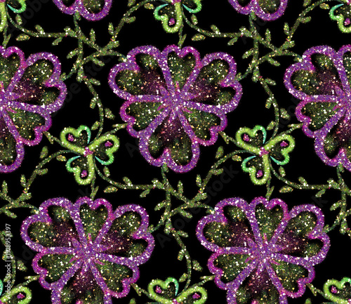 Seamless Pattern Glitter Purple Floral and Green Shamrocks