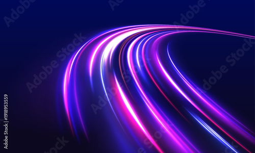 Laser energy line stretches across a night futuristic highway. Neon motion wave follows the road with visible speed direction. City traffic light trail composition rendered in vector.