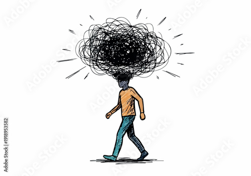 Illustration of a person with a chaotic, tangled mess of lines emanating from their head, symbolizing confusion or mental clutter