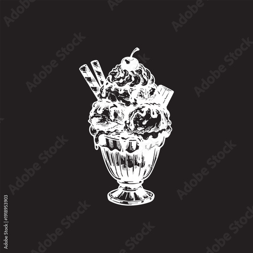 Ice cream in a dessert bowl vector sketch drawing on a black background with chalk