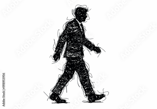 A Black and White Sketch of a Businessman Walking Confidently Forward
