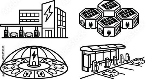 Electric vehicle charging station building line icon design