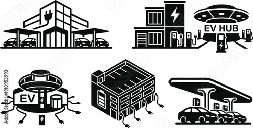 Electric vehicle charging station building line icon design