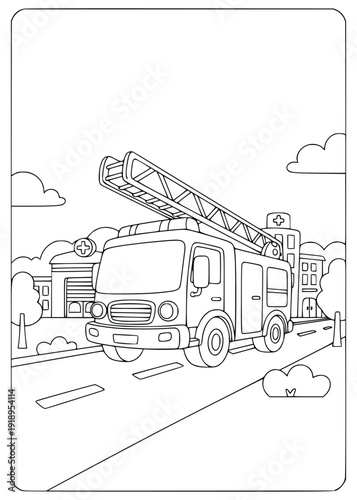 Firetruck coloring page for kids with a ladder driving past city buildings