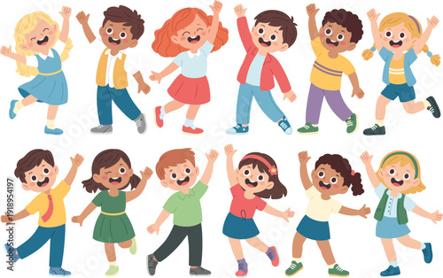 Diverse group of happy children in playful poses with colorful clothing on a white background for illustration